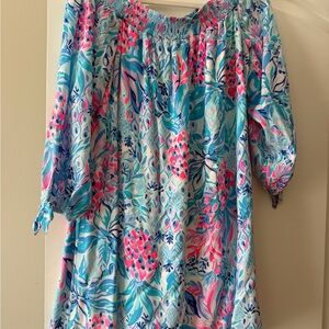 Lilly Pulitzer Aqua Pink Blue Floral Off-Shoulder Dress